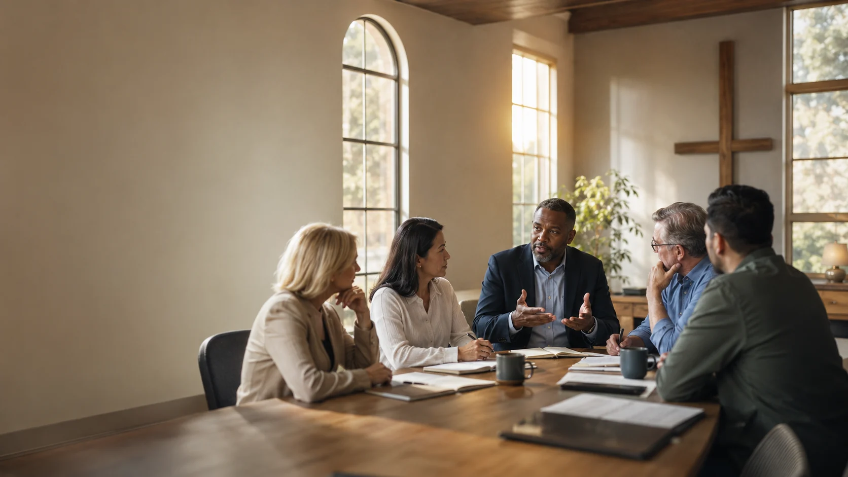 A diverse church leadership team discussing ministry around a table