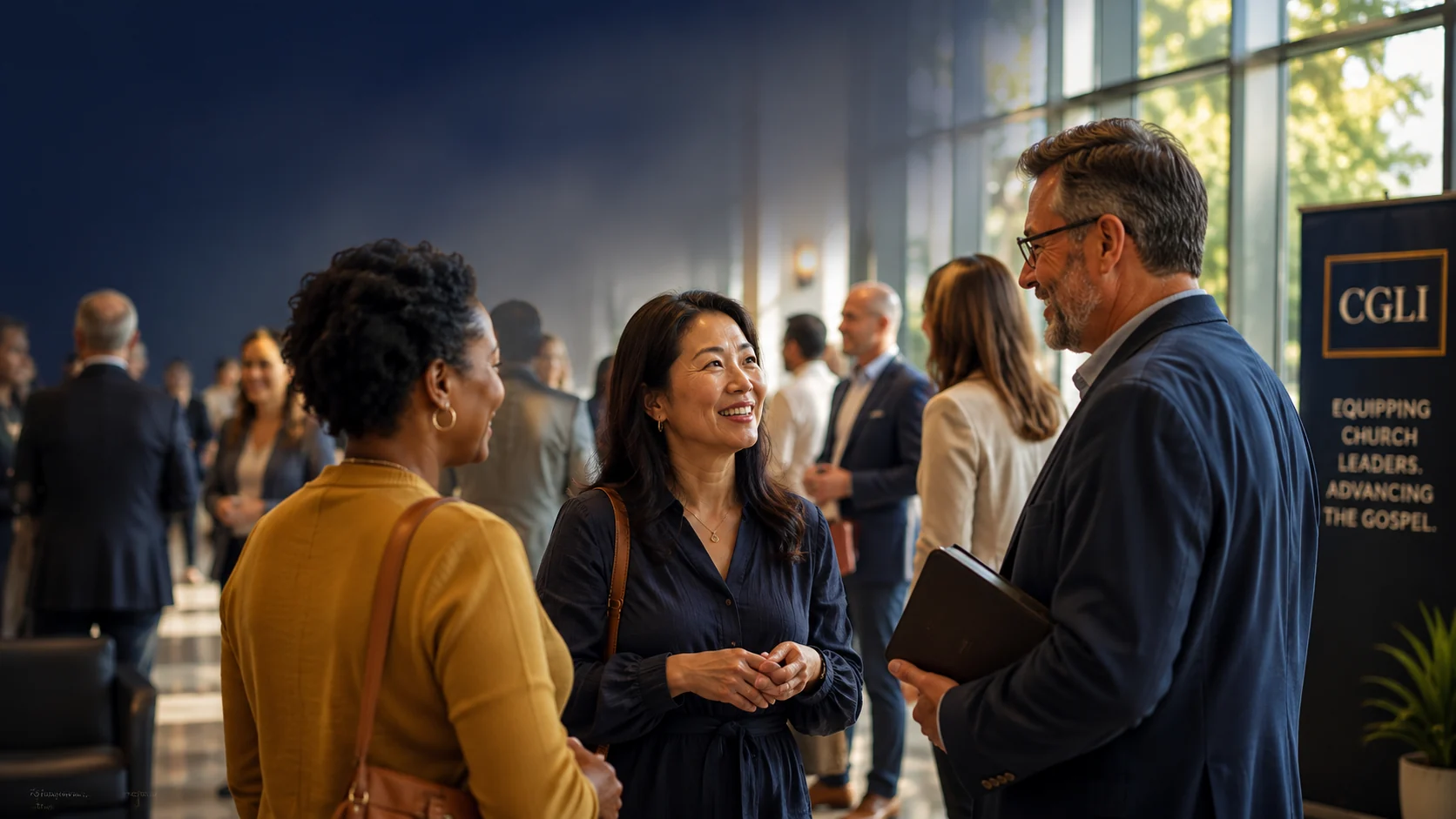 People in conversation at a welcoming gathering