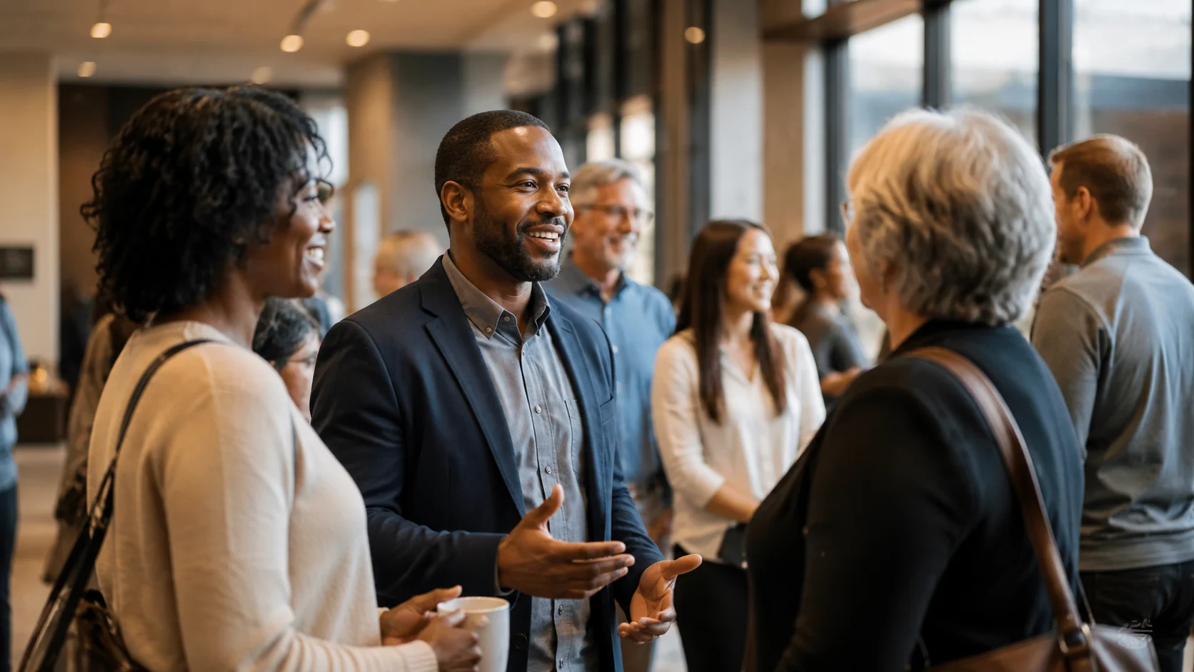 Church members and leaders in welcoming conversation
